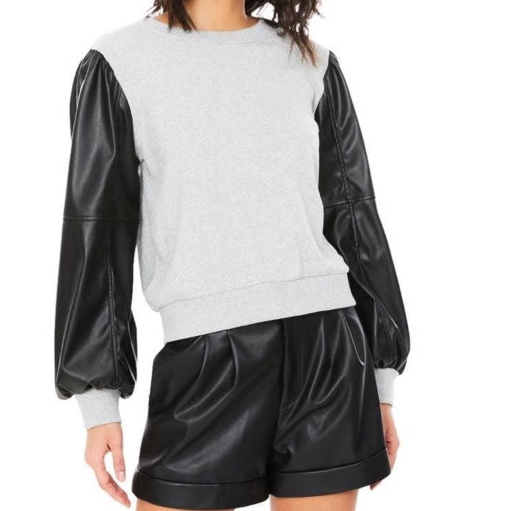Gray Crewneck Sweater with Leather Sleeves